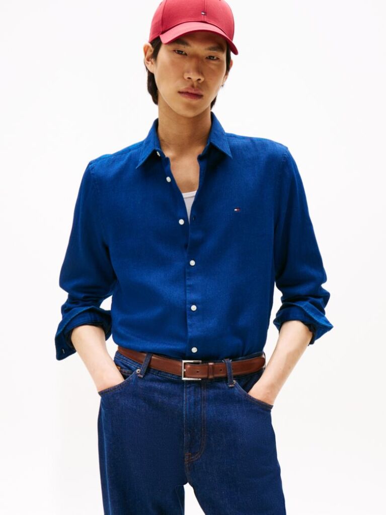 Blue Slim Fit Flag Embroidery Sateen Shirt  Men
