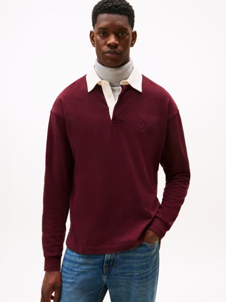 Red Varsity Contrast Collar Relaxed Rugby Shirt  Men