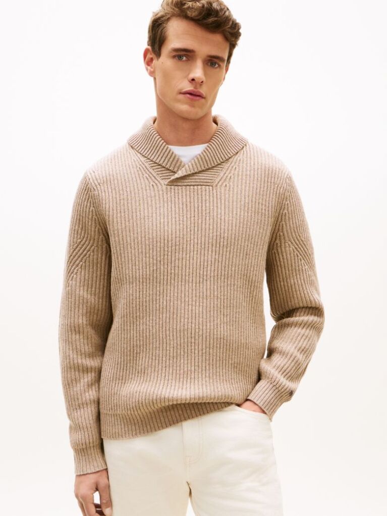 Beige Smart Casual Wool Blend Shawl Collar Jumper  Men