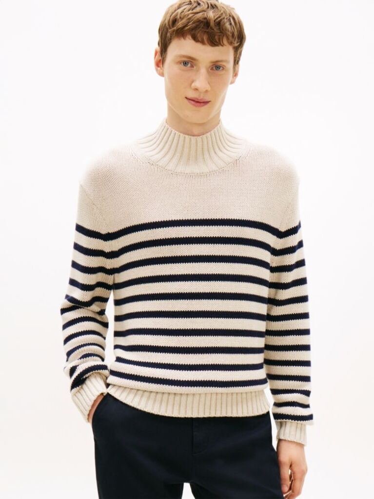 Multi Heritage Breton Stripe Relaxed Mock Neck Jumper  Men