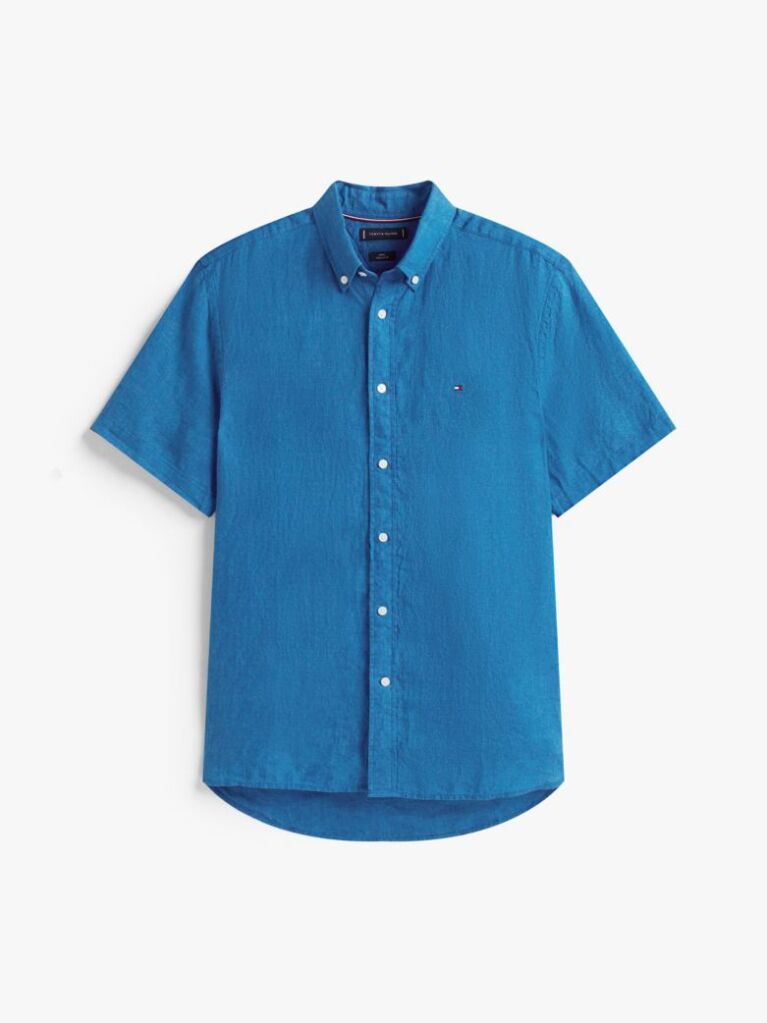 Blue Regular Fit Washed Linen Short Sleeve Shirt  Men