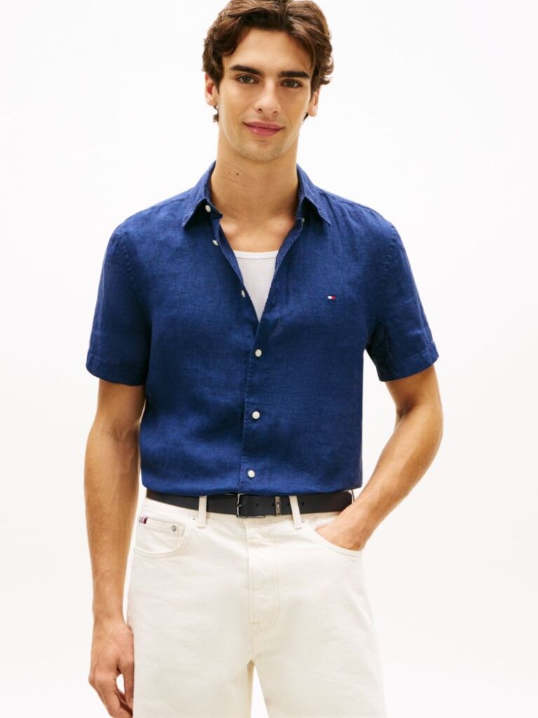 Blue Regular Fit Washed Linen Short Sleeve Shirt  Men
