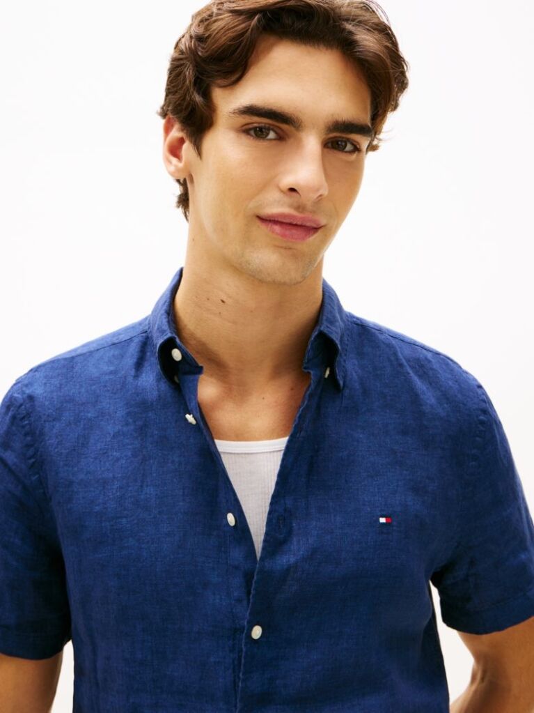 Blue Regular Fit Washed Linen Short Sleeve Shirt  Men