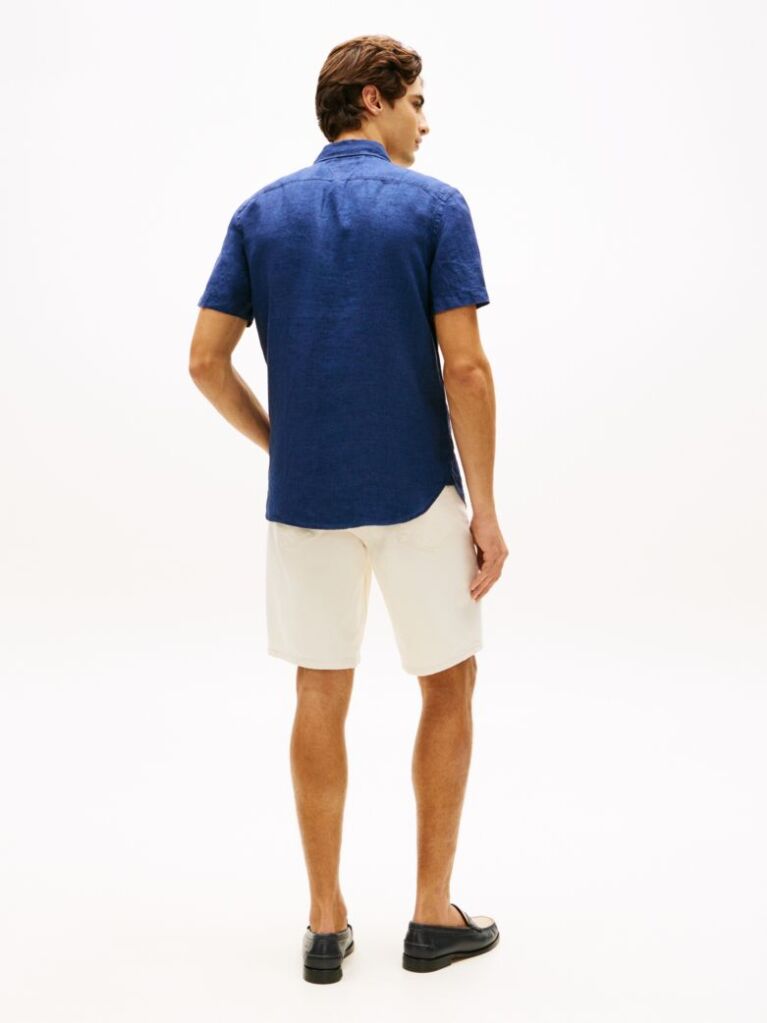 Blue Regular Fit Washed Linen Short Sleeve Shirt  Men