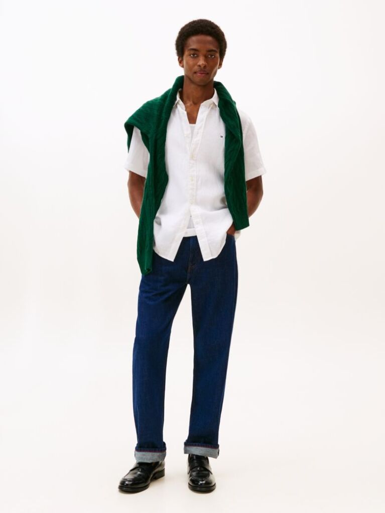 White Regular Fit Washed Linen Short Sleeve Shirt  Men
