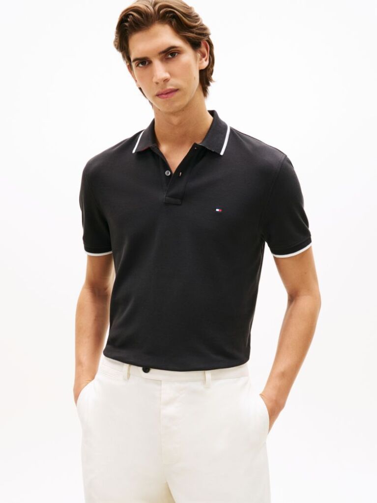 Black Regular Fit Tipped Pique Polo Shirt  Men