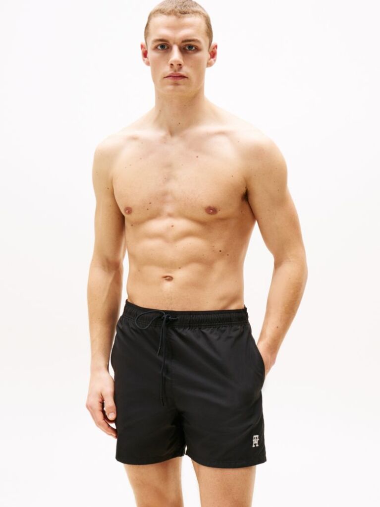 Black TH Monogram Mid Length Swim Trunks  Men