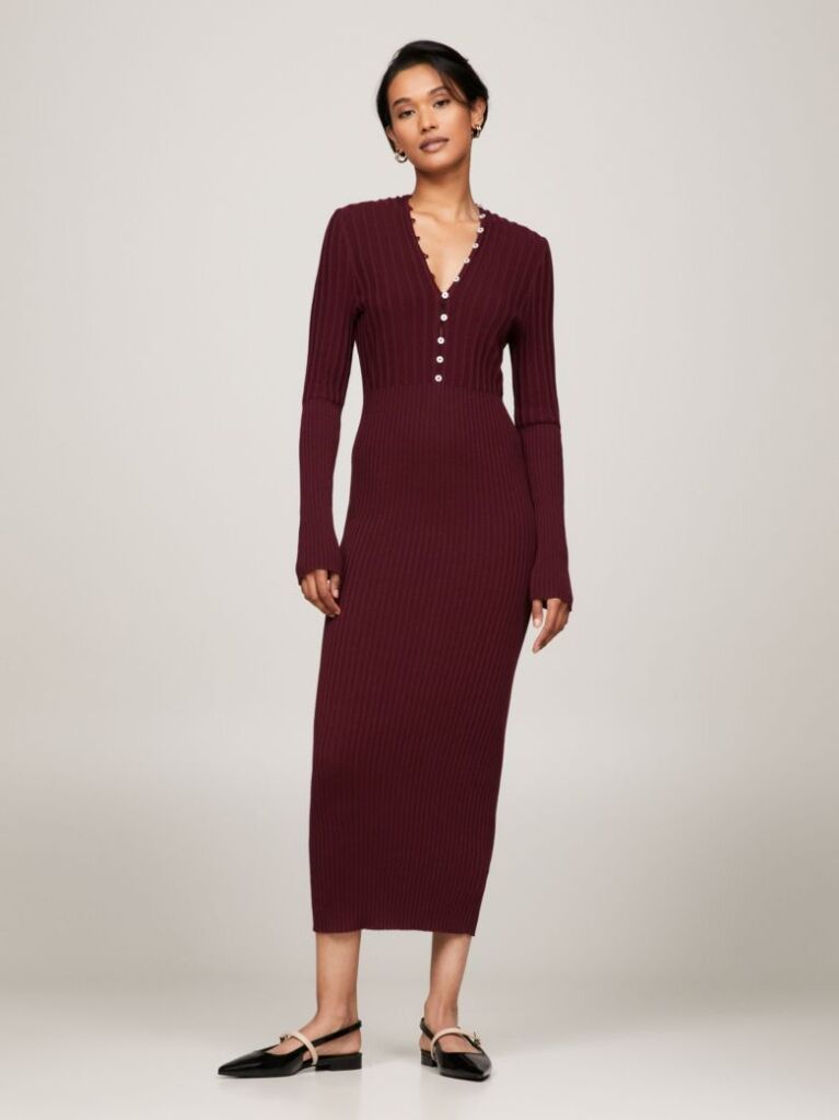 Red Button V-Neck Slim Sweater Dress  Women