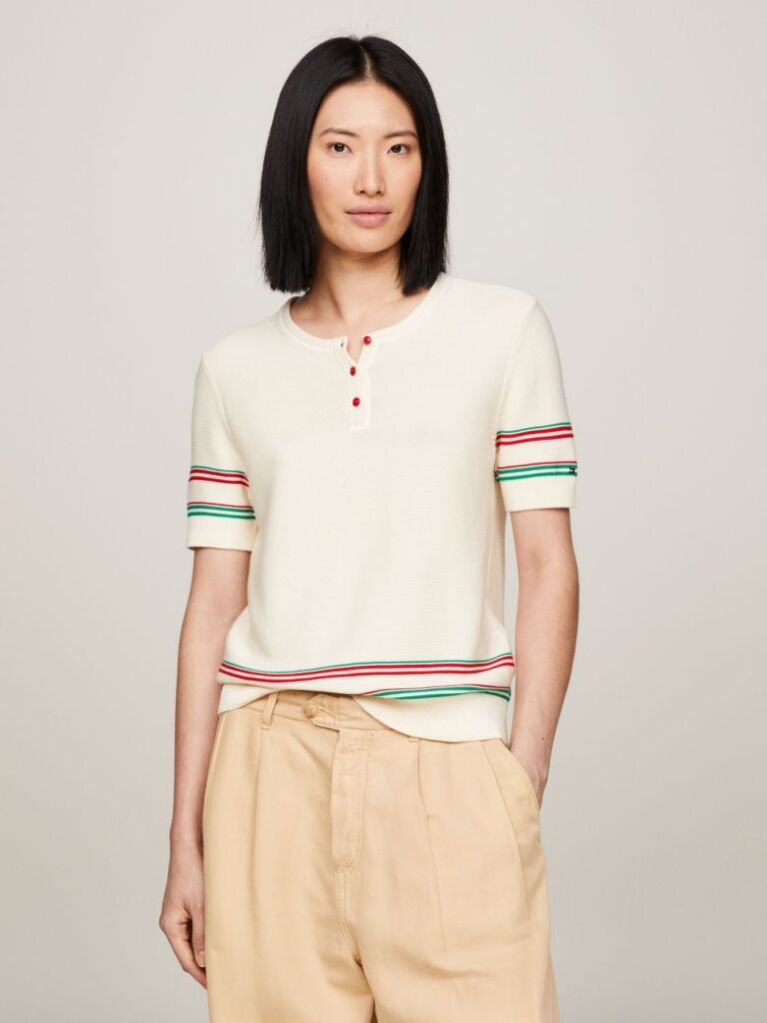 Multi Stripe Henley Neck Short Sleeve Jumper  Women