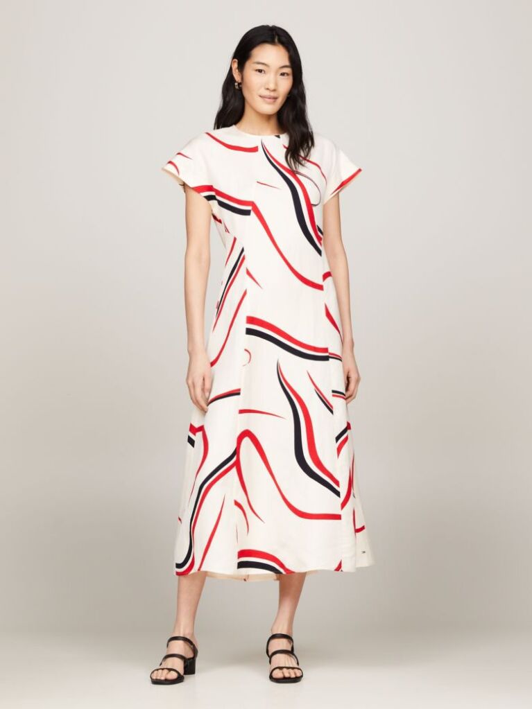 Multi Ribbon Print Fit And Flare Midi Dress  Women