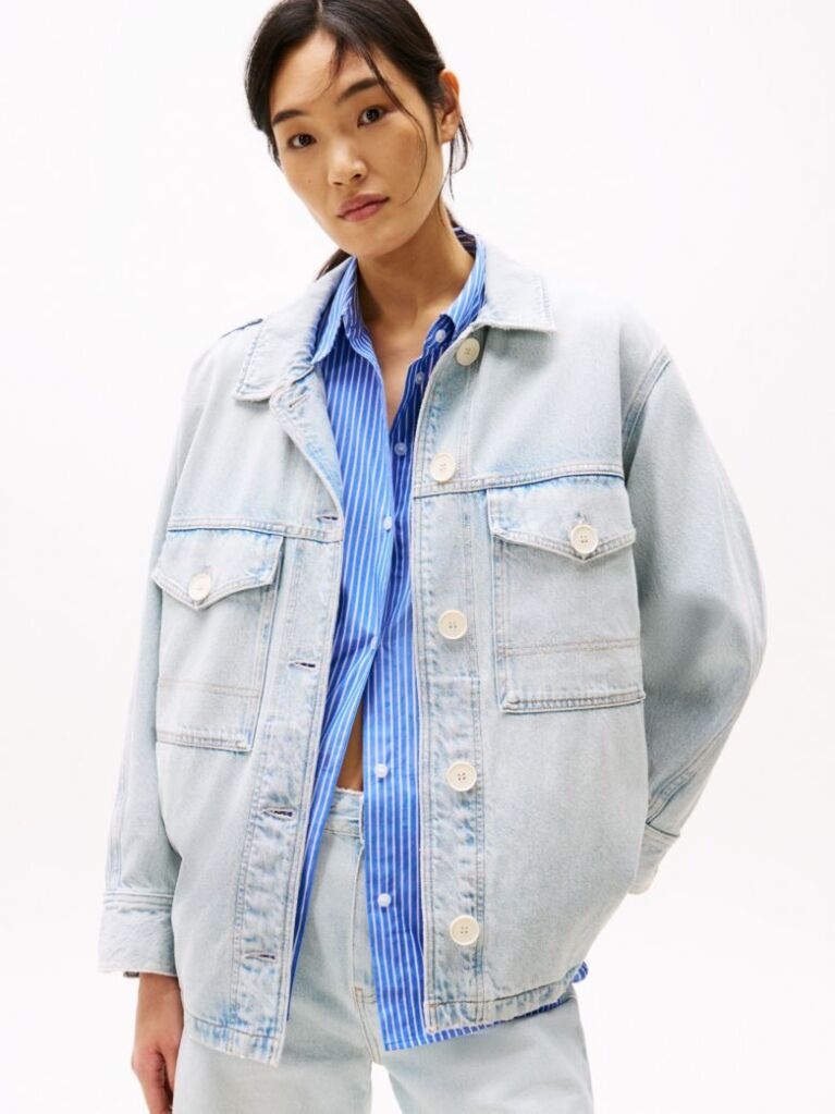Blue Oversized Faded Denim Utility Jacket  Women