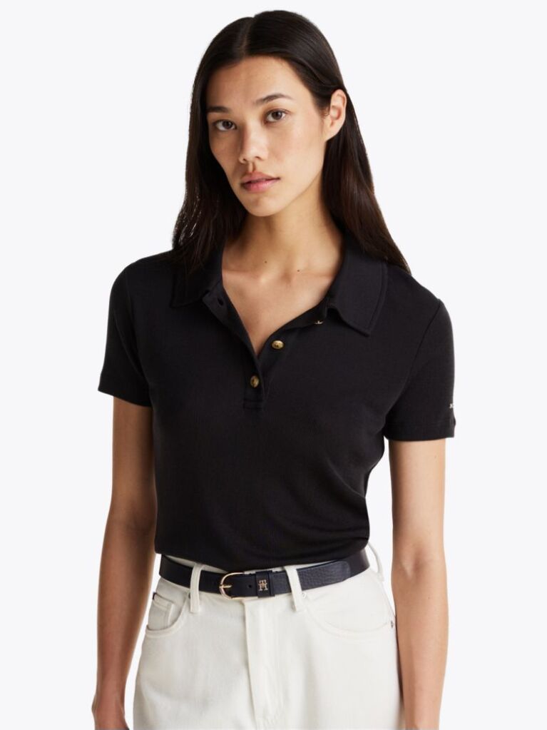 Black Slim Fit Gold-Tone Button Polo Shirt  Women