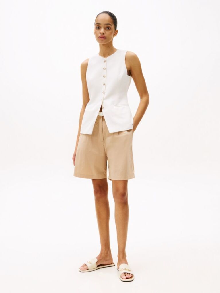 Beige Pleated Bermuda Shorts  Women