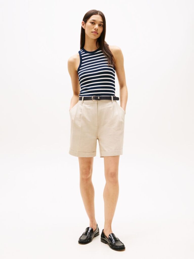 Beige Pleated Bermuda Shorts  Women