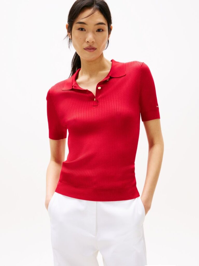 Red Ribbed Short Sleeve Polo Jumper  Women