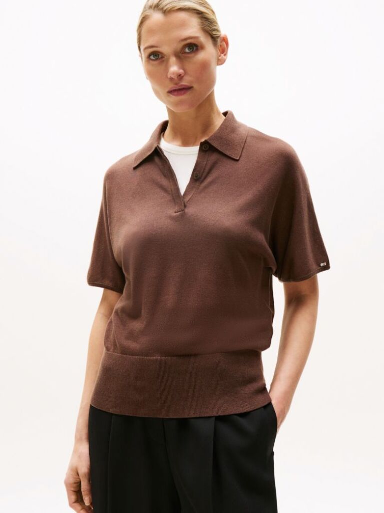 Brown Short Sleeve Polo Jumper With Silk  Women