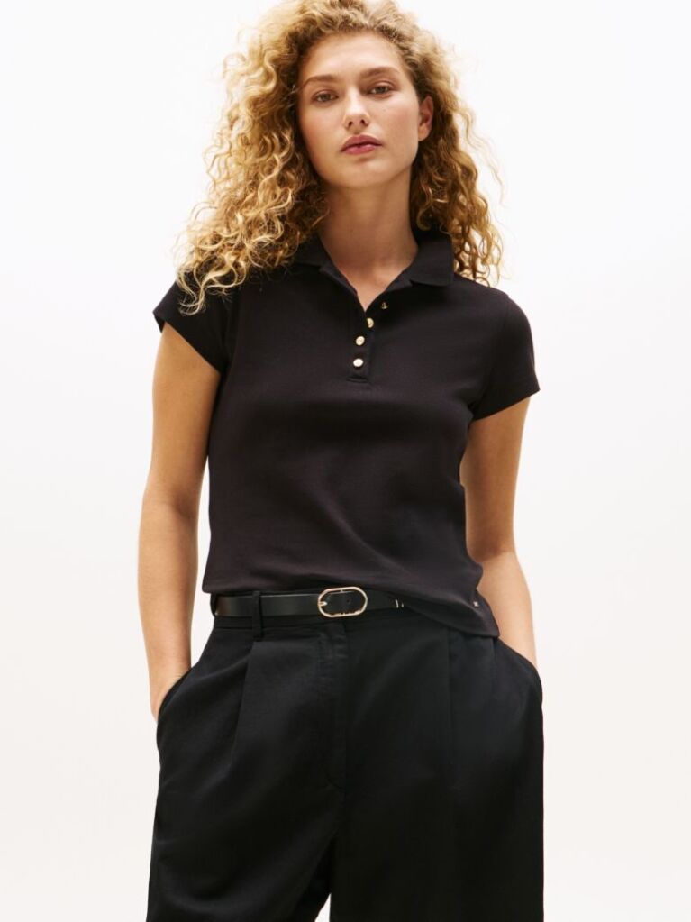 Black Gold-Tone Button Slim Fit Polo Shirt  Women