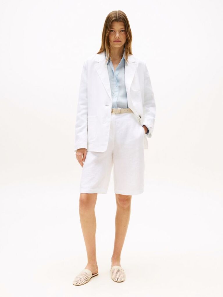 White Linen Blend Tailored Shorts  Women