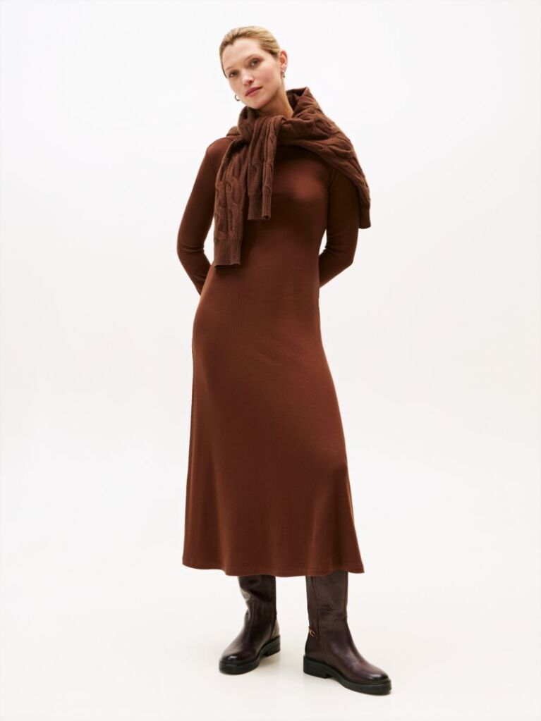 Brown Ribbed Midi Fit And Flare Dress  Women
