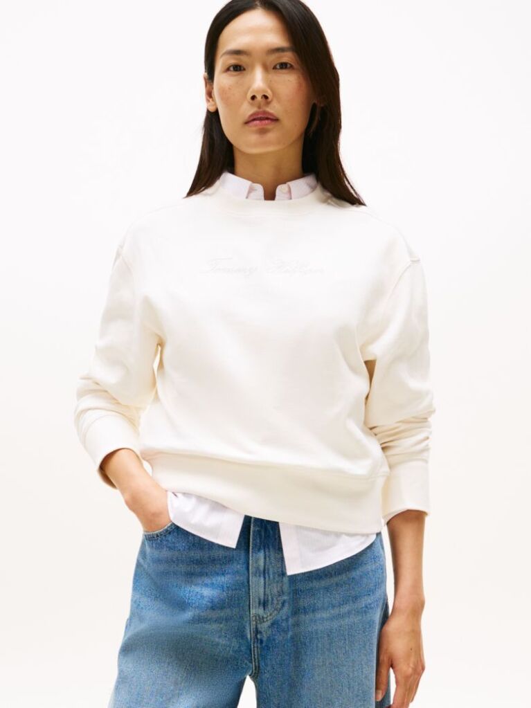 Beige Logo Embroidery Pique Crew Neck Sweatshirt  Women