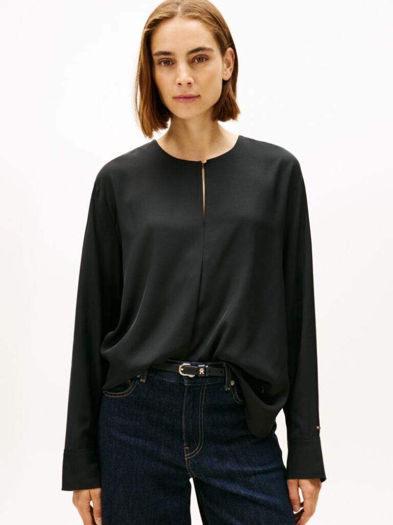 Black Keyhole Cutout Relaxed Fit Blouse  Women
