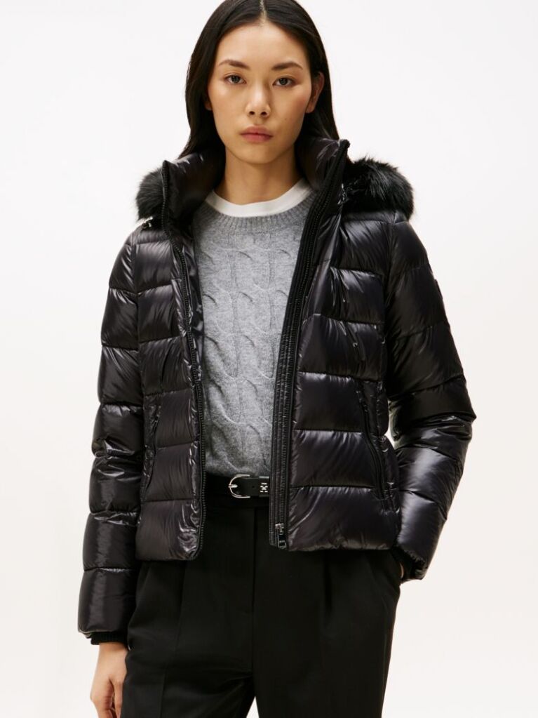 Black Shiny Water Repellent Down Hooded Jacket  Women