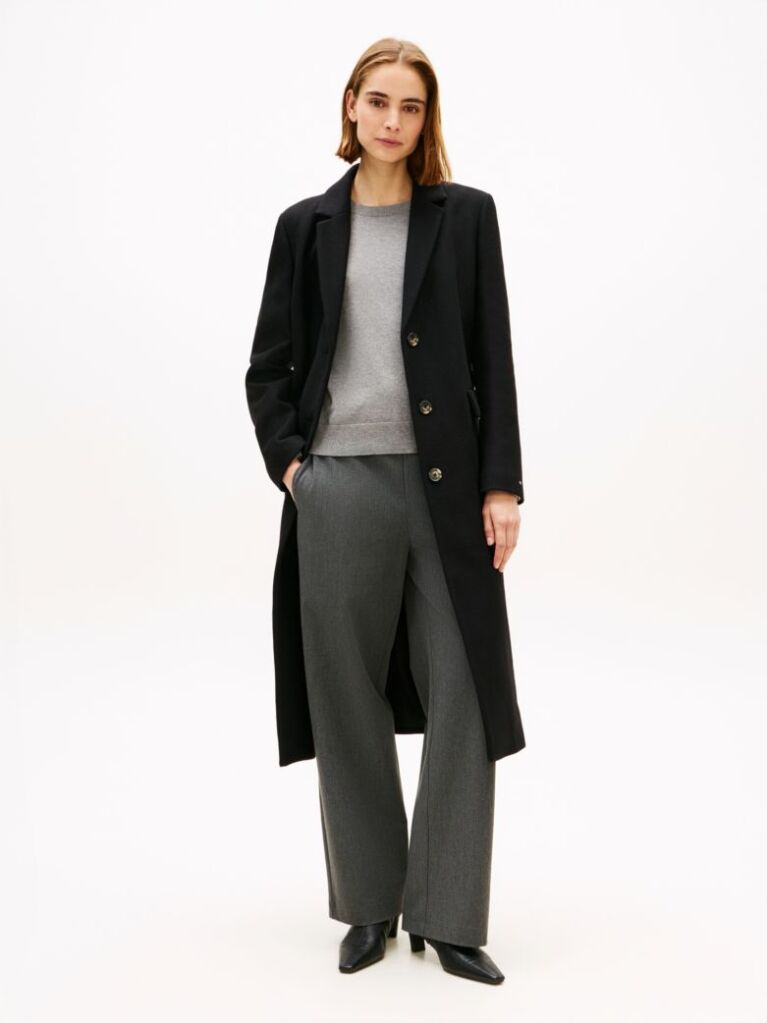 Black Wool Blend Longline Coat With Cashmere  Women