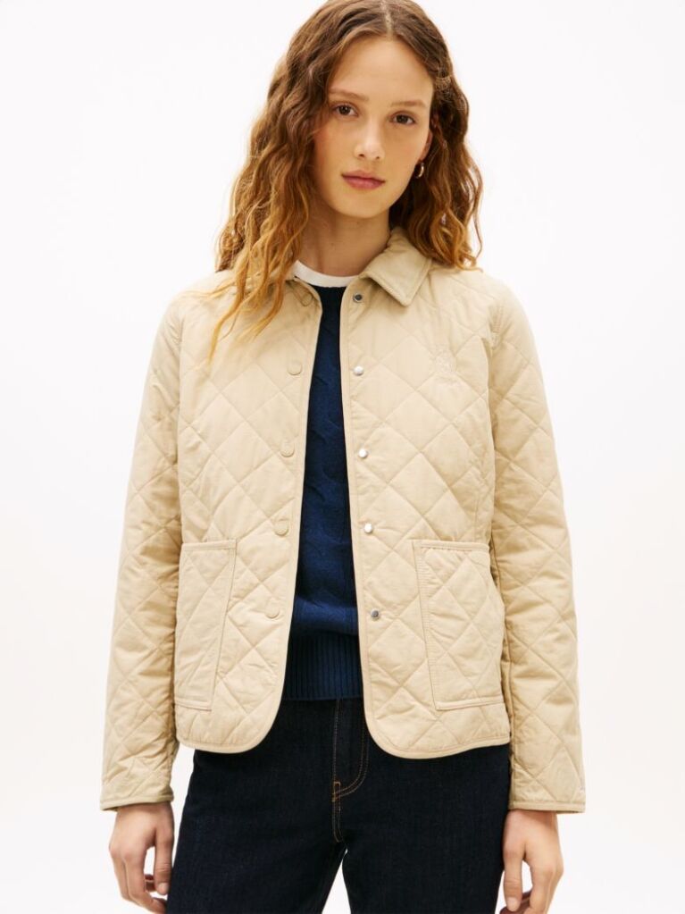 Beige Crest Embroidery Padded Quilted Slim Jacket  Women