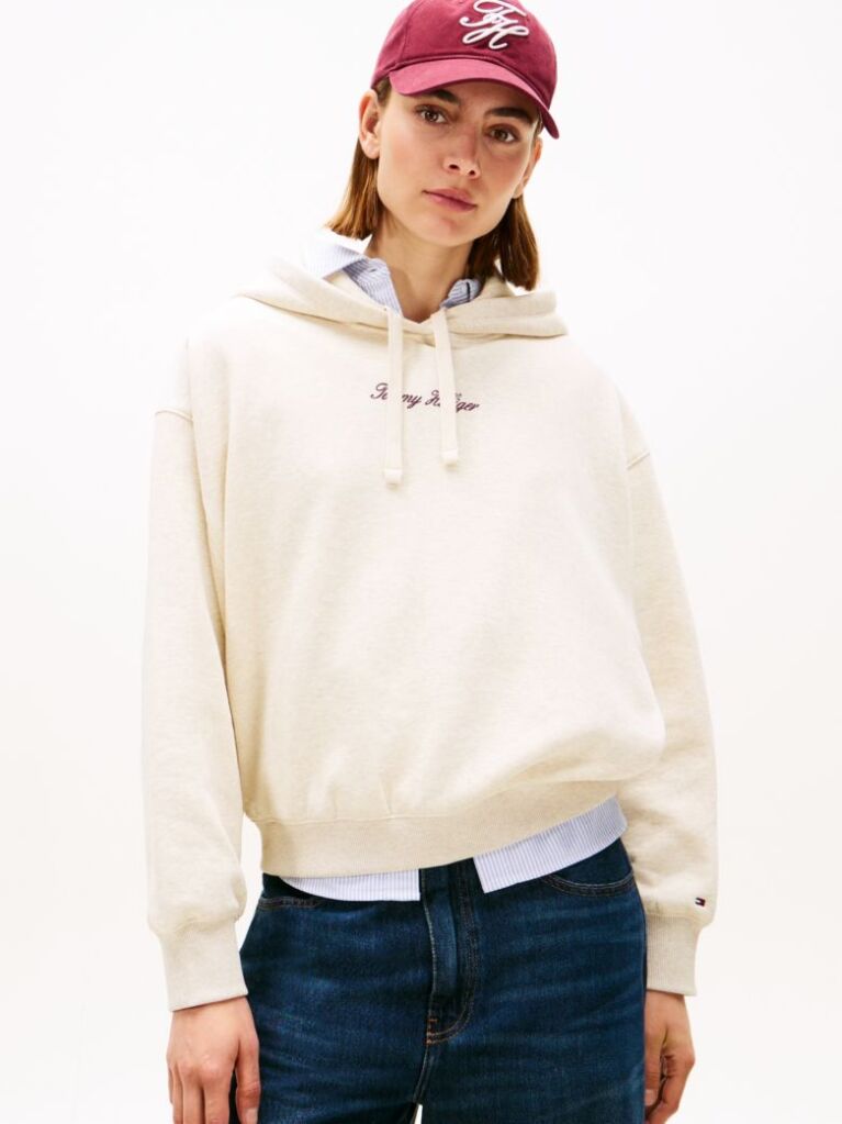 Beige Textured Logo Relaxed Fleece Hoody  Women
