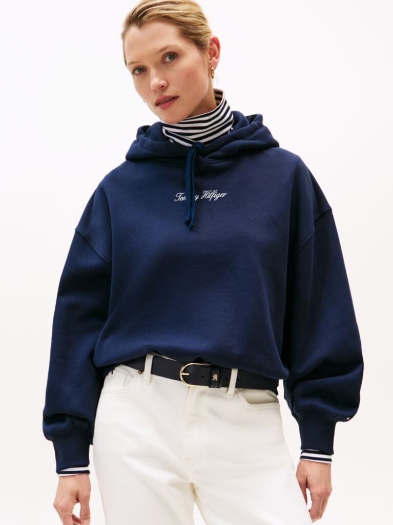 Blue Textured Logo Relaxed Fleece Hoody  Women