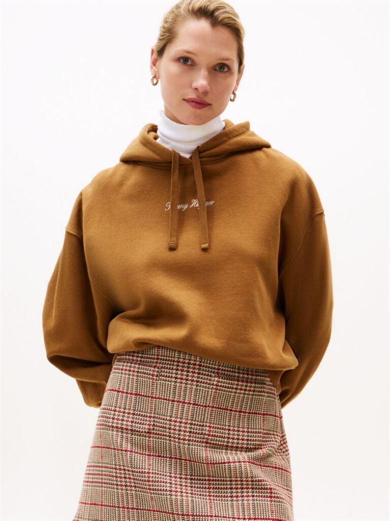 Khaki Textured Logo Relaxed Fleece Hoody  Women