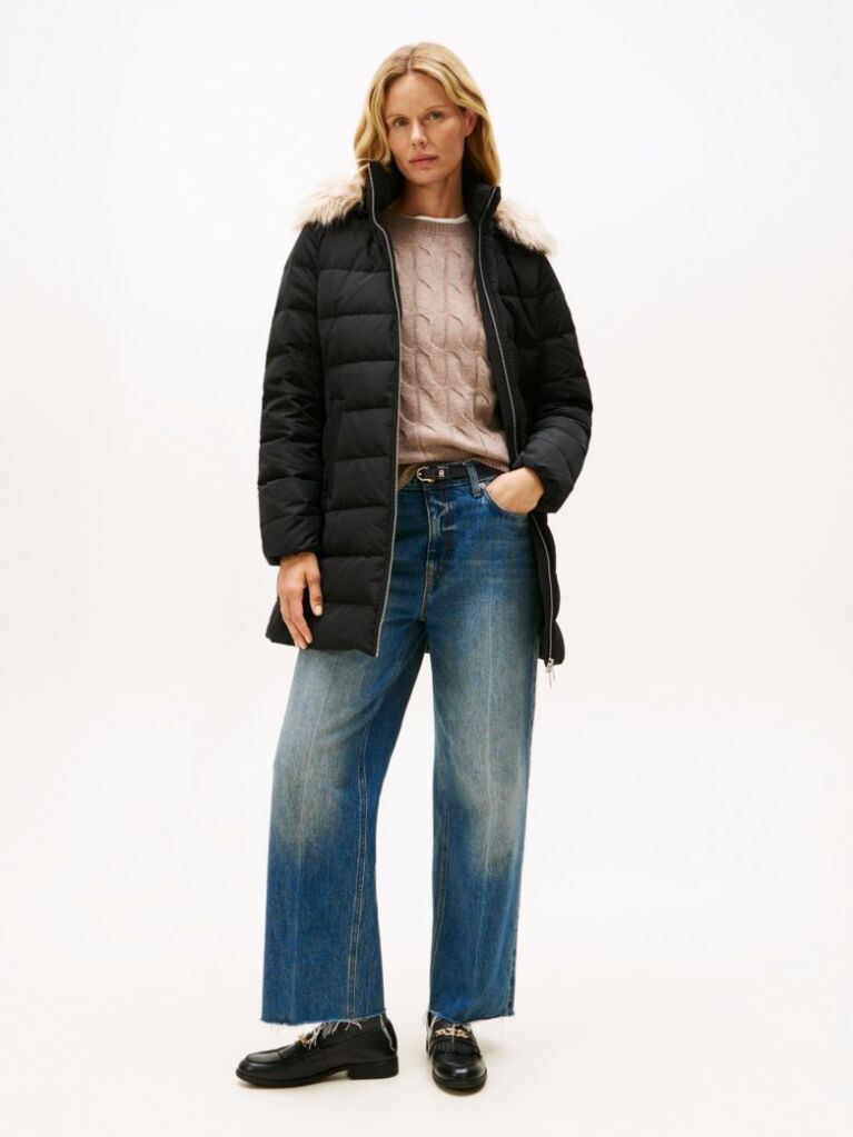 Black Faux Fur Hood Down Puffer Coat  Women
