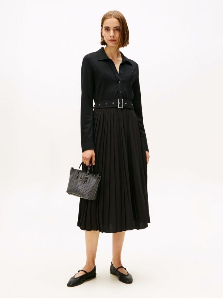 Black Interlock Mix Media Long Sleeve Polo Dress  Women