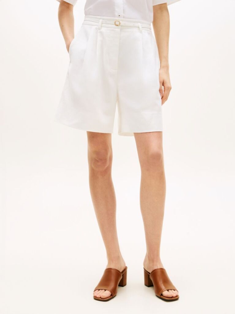 White Linen Blend Wide Leg Shorts  Women