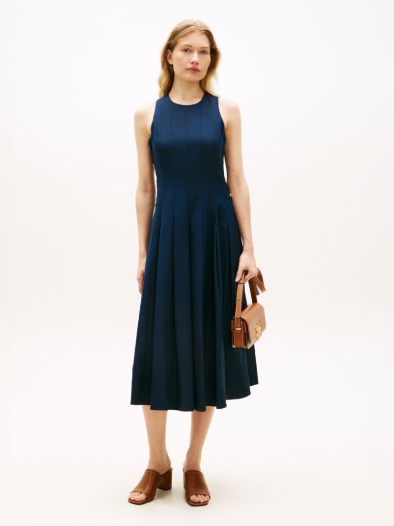 Blue Gold-Tone Button Linen Blend Midi Dress  Women