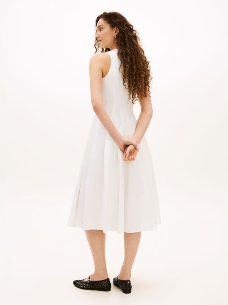 White Gold-Tone Button Linen Blend Midi Dress  Women