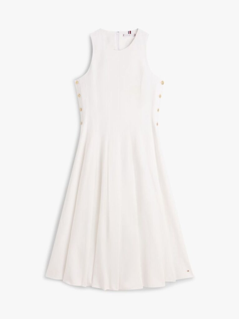 White Gold-Tone Button Linen Blend Midi Dress  Women