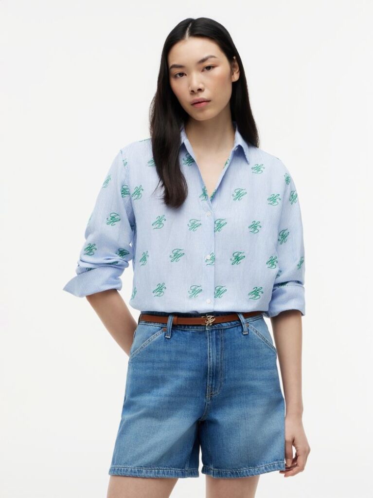Blue Logo Embroidery Linen Blend Shirt  Women