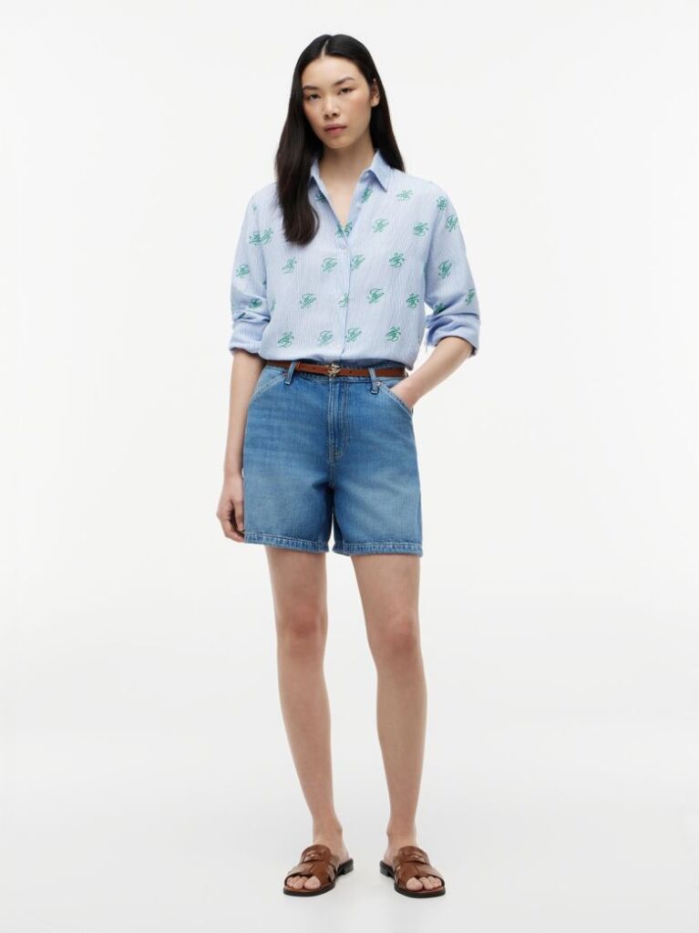 Blue Logo Embroidery Linen Blend Shirt  Women