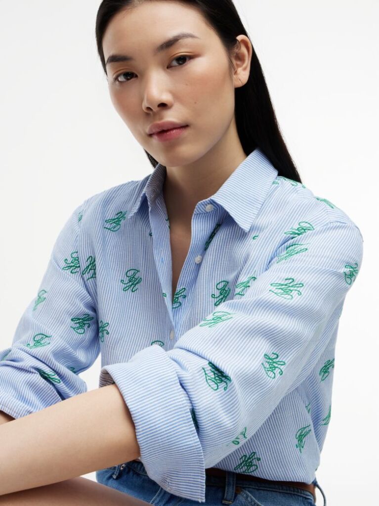Blue Logo Embroidery Linen Blend Shirt  Women