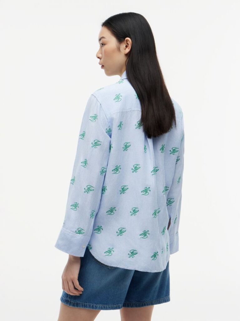 Blue Logo Embroidery Linen Blend Shirt  Women