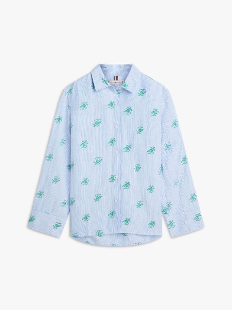 Blue Logo Embroidery Linen Blend Shirt  Women