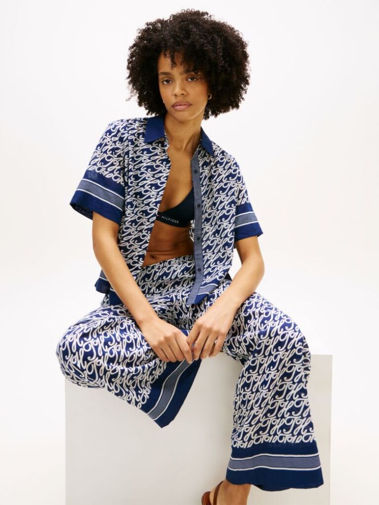Blue Relaxed Fit Print Voile Shirt With Silk  Women