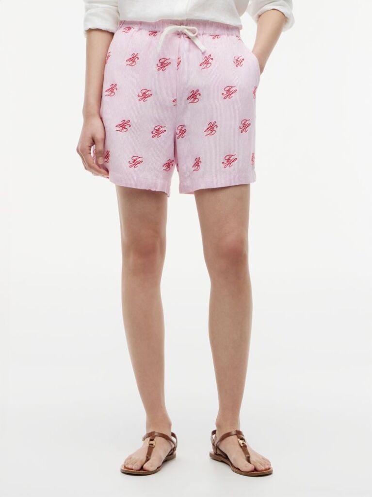 Pink Linen Blend Print Relaxed Shorts  Women