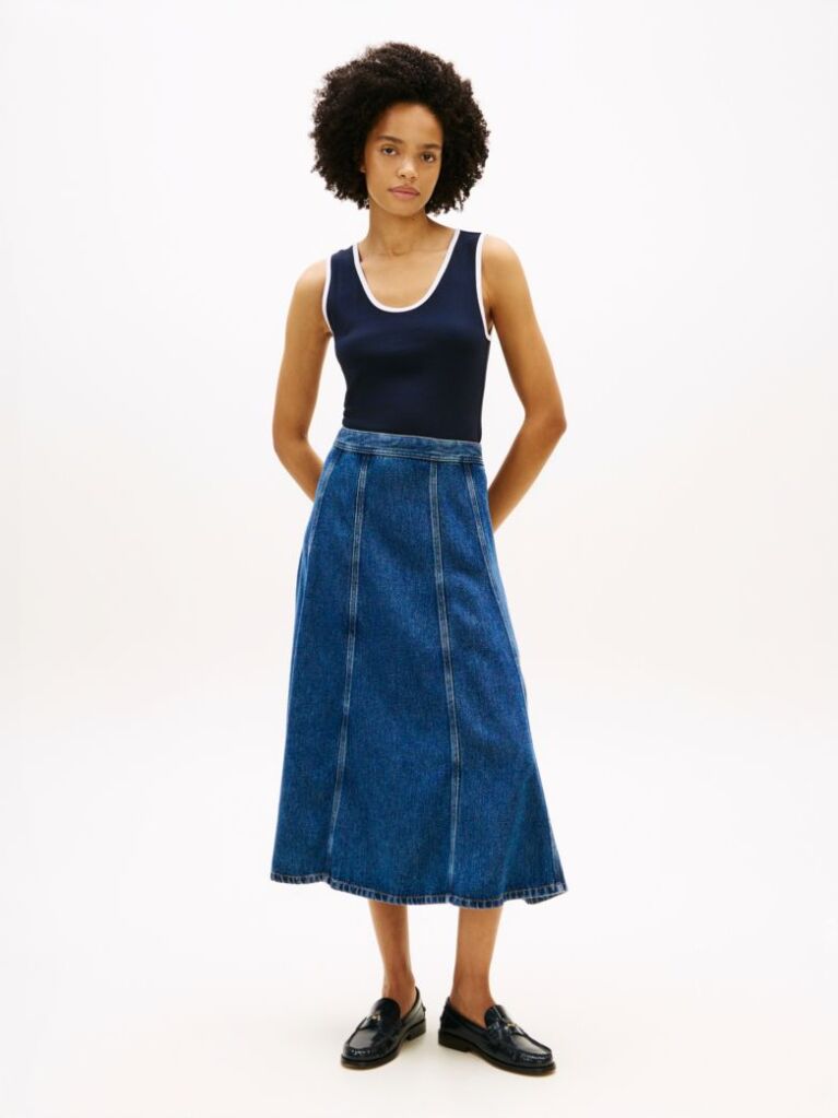 Μπλε Ψηλόμεση Εβαζέ Denim Midi Φούστα  Γυναίκες
