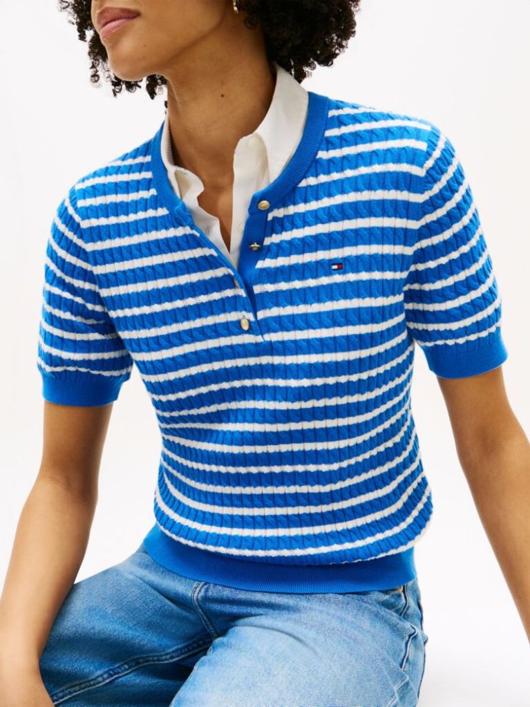 Multi Gold-Tone Button Cable Knit Short Sleeve Jumper  Women