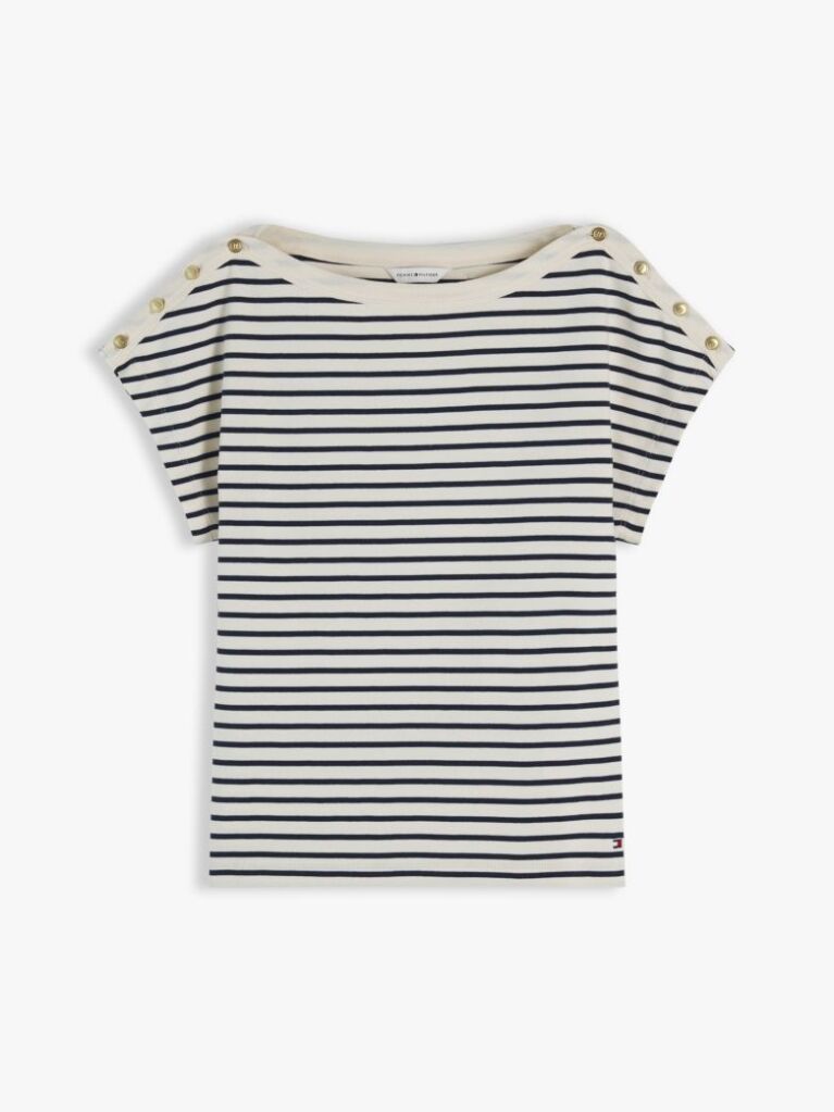 Multi Gold-Tone Button Boat Neck T-Shirt  Women