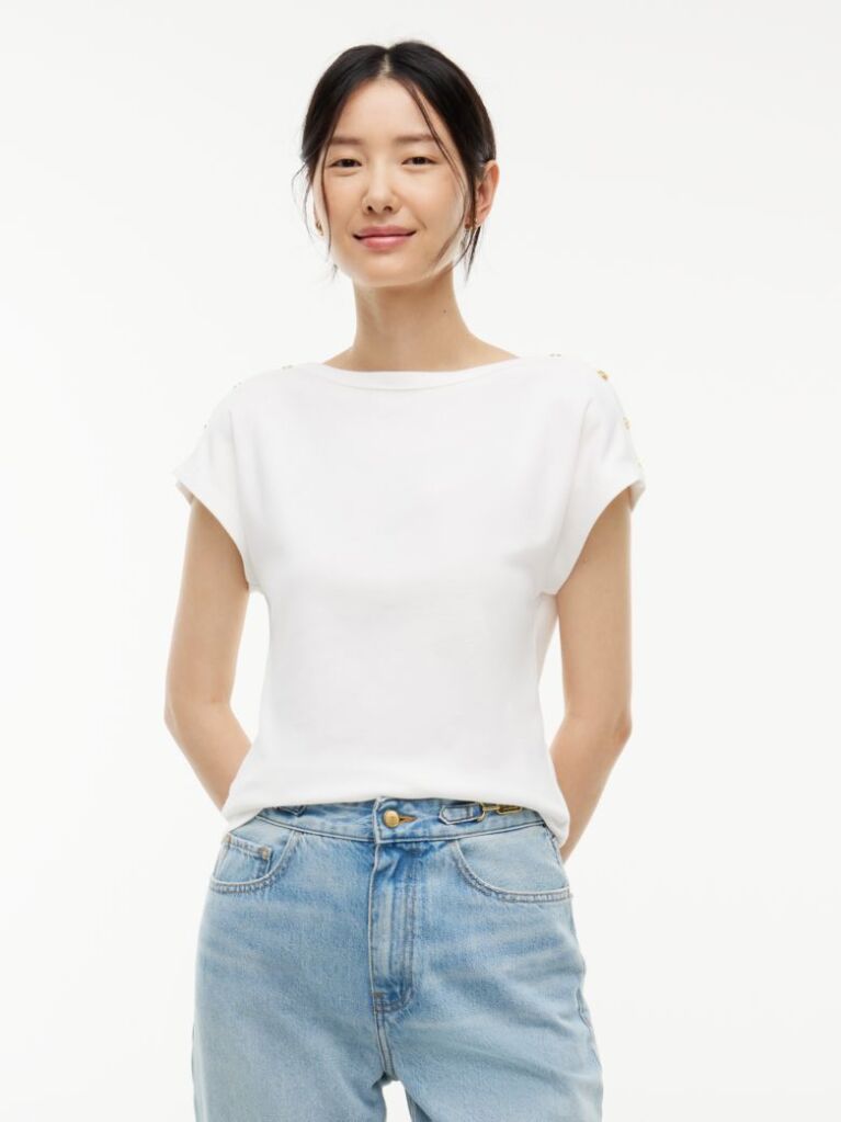 White Gold-Tone Button Boat Neck T-Shirt  Women
