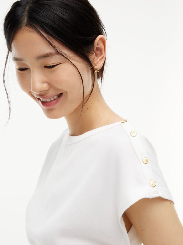 White Gold-Tone Button Boat Neck T-Shirt  Women