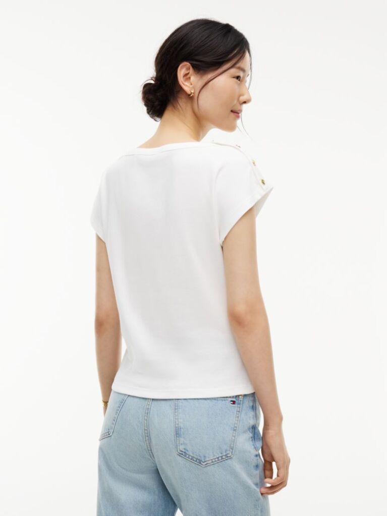 White Gold-Tone Button Boat Neck T-Shirt  Women